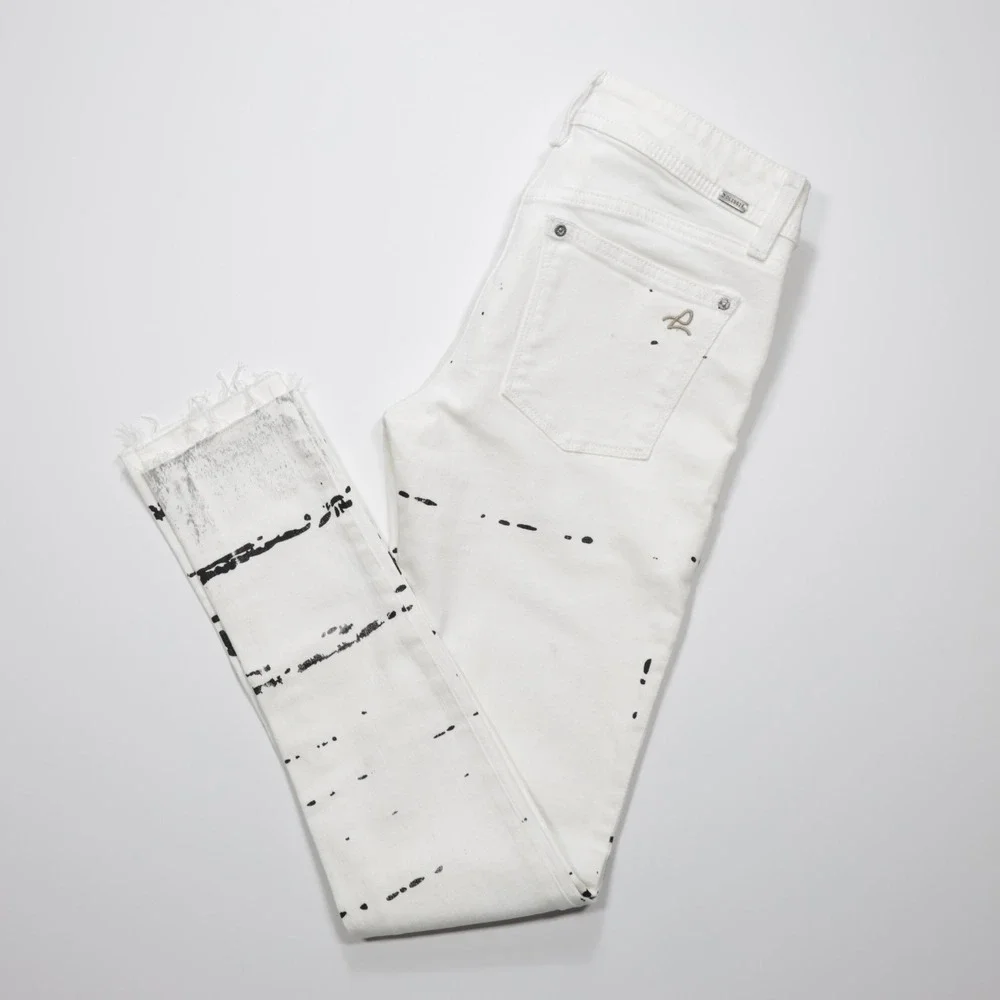 DL1961 Women's Hybrid 360 Splatter Print Skinny Jeans Denim‎ Raw Edge White 25